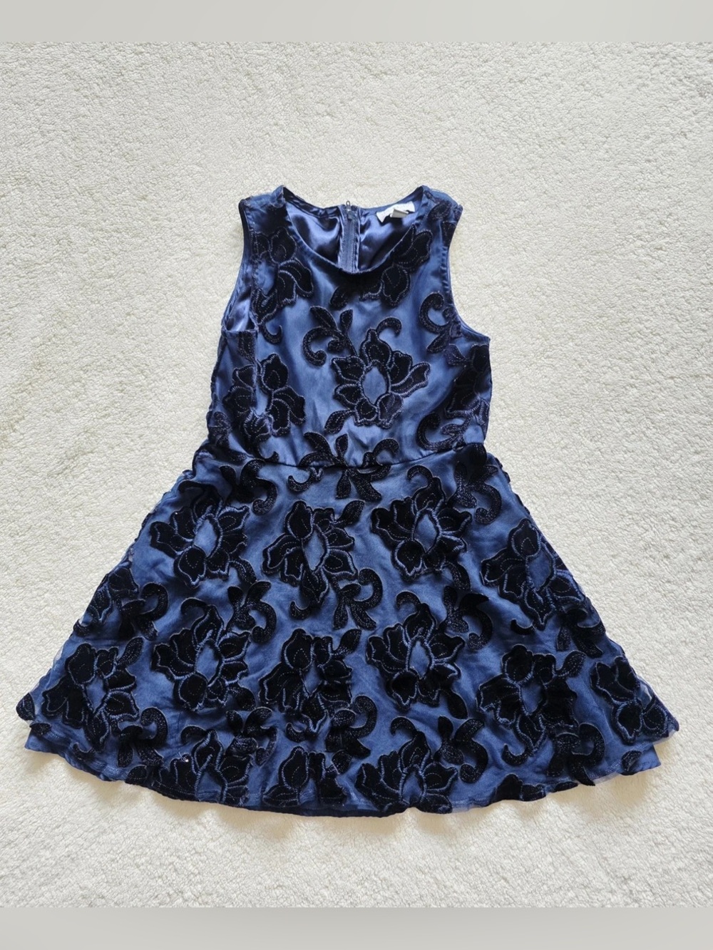 The Children's Place Navy Blue Velvet Burnout Embroidered Floral Dress 16 Formal